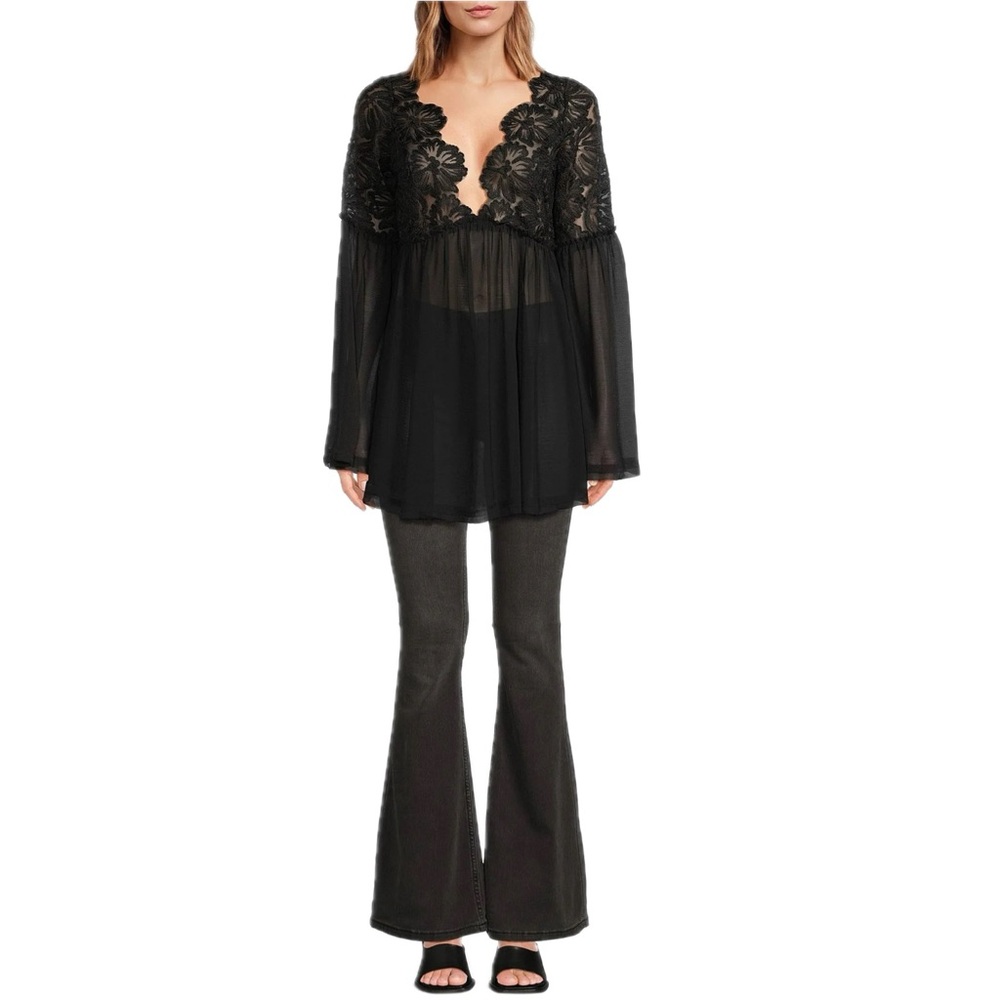 Free People Black Sheer Lace Yoke Tunic